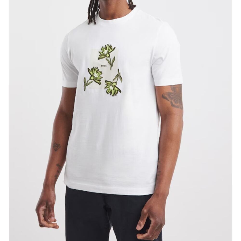 New HUGO BOSS Men's White Short Sleeve Floral Graphic T-Shirt Size L